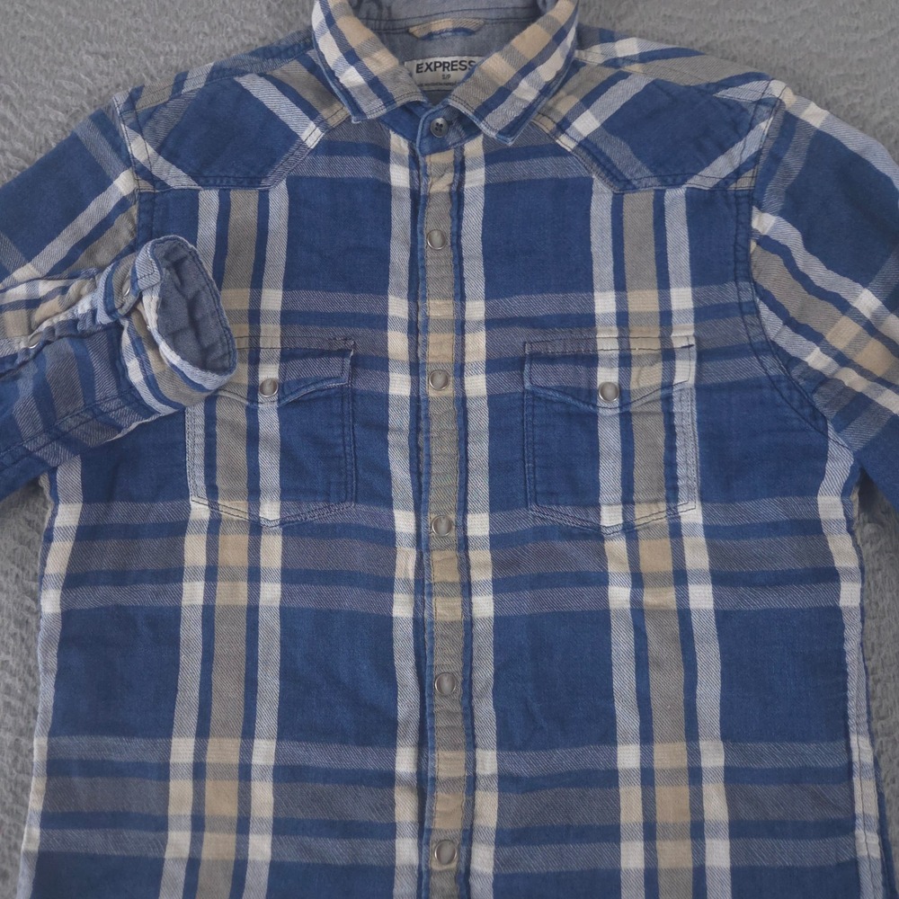 Express Shirt Mens Small Plaid Slim Western‎ Pearl Snap Flannel Performance NWOT